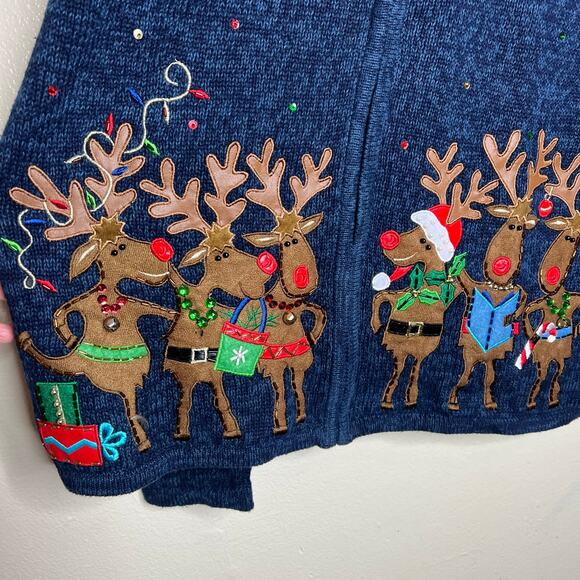 Vtg Classic Elements Sweater Jacket Medium Reindeer Ugly Christmas Full Zip 90s - Picture 4 of 7